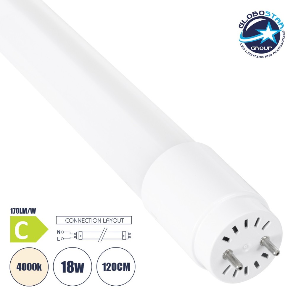 GLOBOSTAR® TUBOR 99113 Λάμπα T8 G13 Τύπου Φθορίου 120cm LED 18W 3060lm 300° AC 220-240V IP20 Φυσικό Λευκό 4500K - Lumileds SMD Chip - Λευκό Γαλακτερό - Μ120 x Π2.6 x Υ2.6cm - 3 Χρόνια Εγγύηση